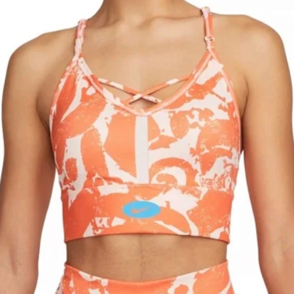 Nike Women's Indy Icon Clash Allover Print Sports Bra Orange